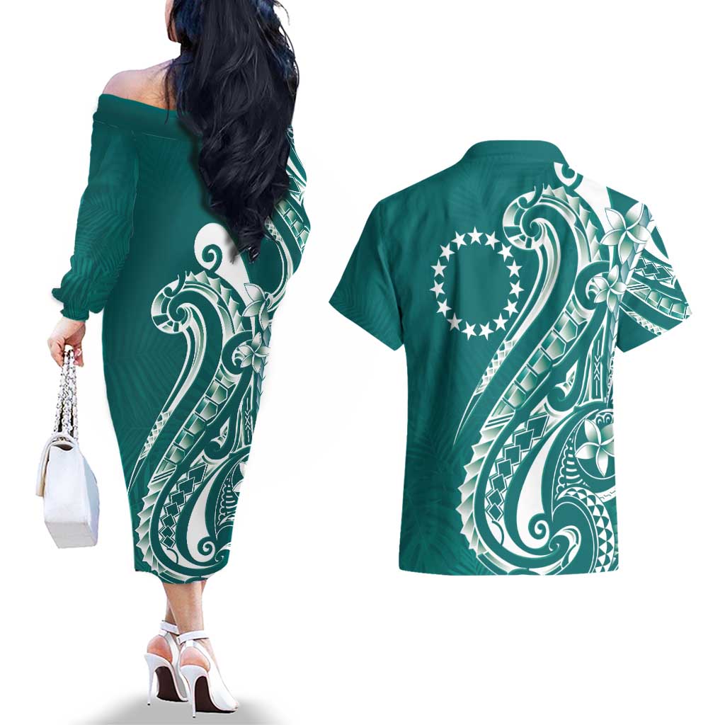 Kia Orana Cook Islands Couples Matching Off The Shoulder Long Sleeve Dress and Hawaiian Shirt Teal Plumeria Tropical Waves LT7 - Polynesian Pride