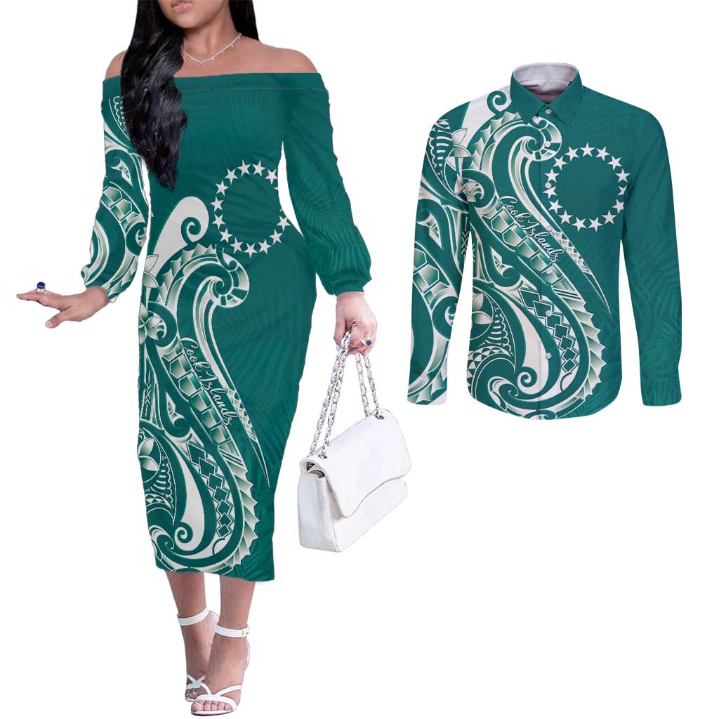 Kia Orana Cook Islands Couples Matching Off The Shoulder Long Sleeve Dress and Long Sleeve Button Shirt Teal Plumeria Tropical Waves LT7 Teal - Polynesian Pride