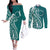 Kia Orana Cook Islands Couples Matching Off The Shoulder Long Sleeve Dress and Long Sleeve Button Shirt Teal Plumeria Tropical Waves - Polynesian Pride