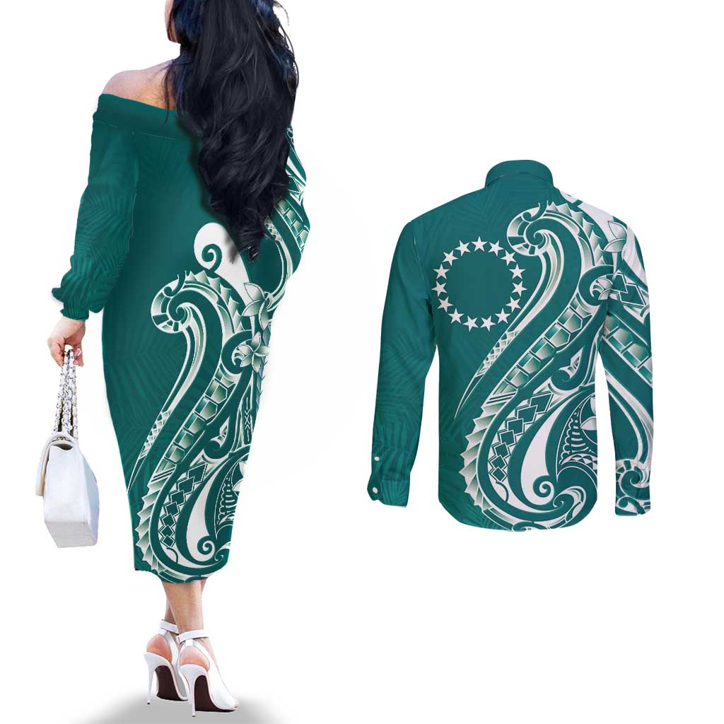 Kia Orana Cook Islands Couples Matching Off The Shoulder Long Sleeve Dress and Long Sleeve Button Shirt Teal Plumeria Tropical Waves LT7 - Polynesian Pride