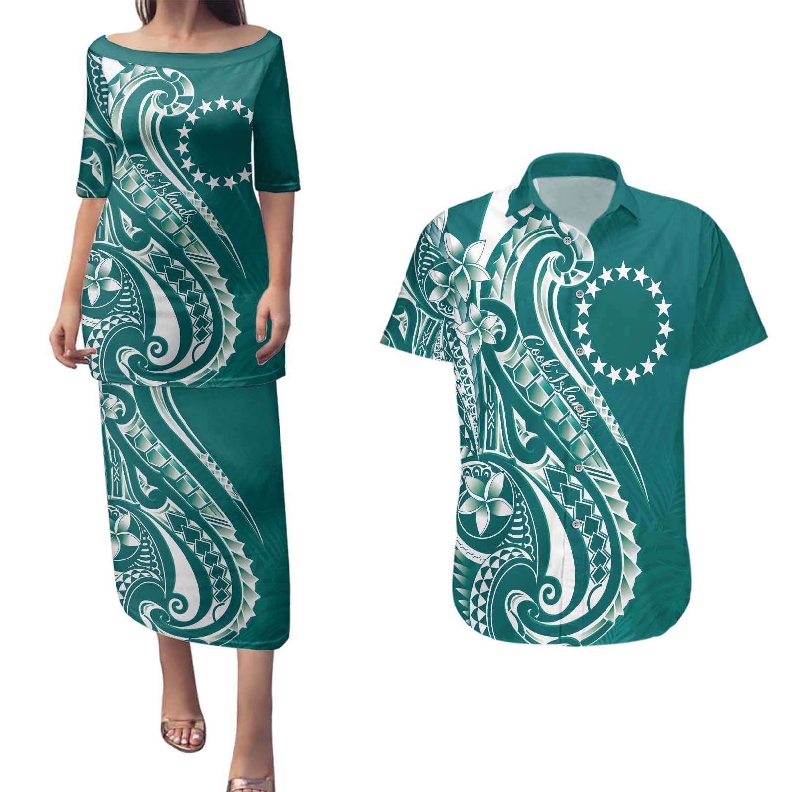 Kia Orana Cook Islands Couples Matching Puletasi and Hawaiian Shirt Teal Plumeria Tropical Waves - Polynesian Pride
