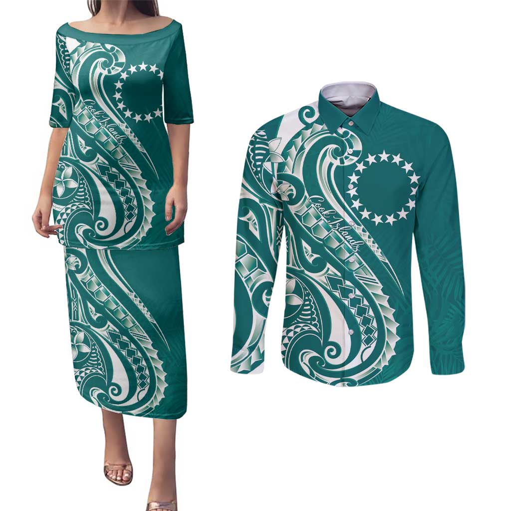 Kia Orana Cook Islands Couples Matching Puletasi and Long Sleeve Button Shirt Teal Plumeria Tropical Waves - Polynesian Pride