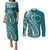 Kia Orana Cook Islands Couples Matching Puletasi and Long Sleeve Button Shirt Teal Plumeria Tropical Waves - Polynesian Pride