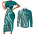 Kia Orana Cook Islands Couples Matching Short Sleeve Bodycon Dress and Long Sleeve Button Shirt Teal Plumeria Tropical Waves - Polynesian Pride