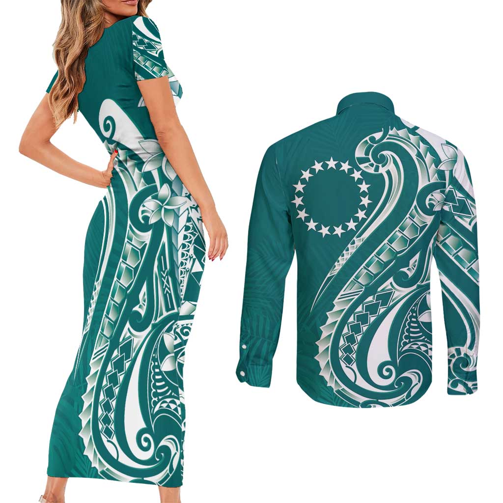 Kia Orana Cook Islands Couples Matching Short Sleeve Bodycon Dress and Long Sleeve Button Shirt Teal Plumeria Tropical Waves LT7 - Polynesian Pride
