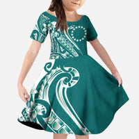 Kia Orana Cook Islands Family Matching Long Sleeve Bodycon Dress and Hawaiian Shirt Teal Plumeria Tropical Waves LT7 Daughter's Dress Teal - Polynesian Pride