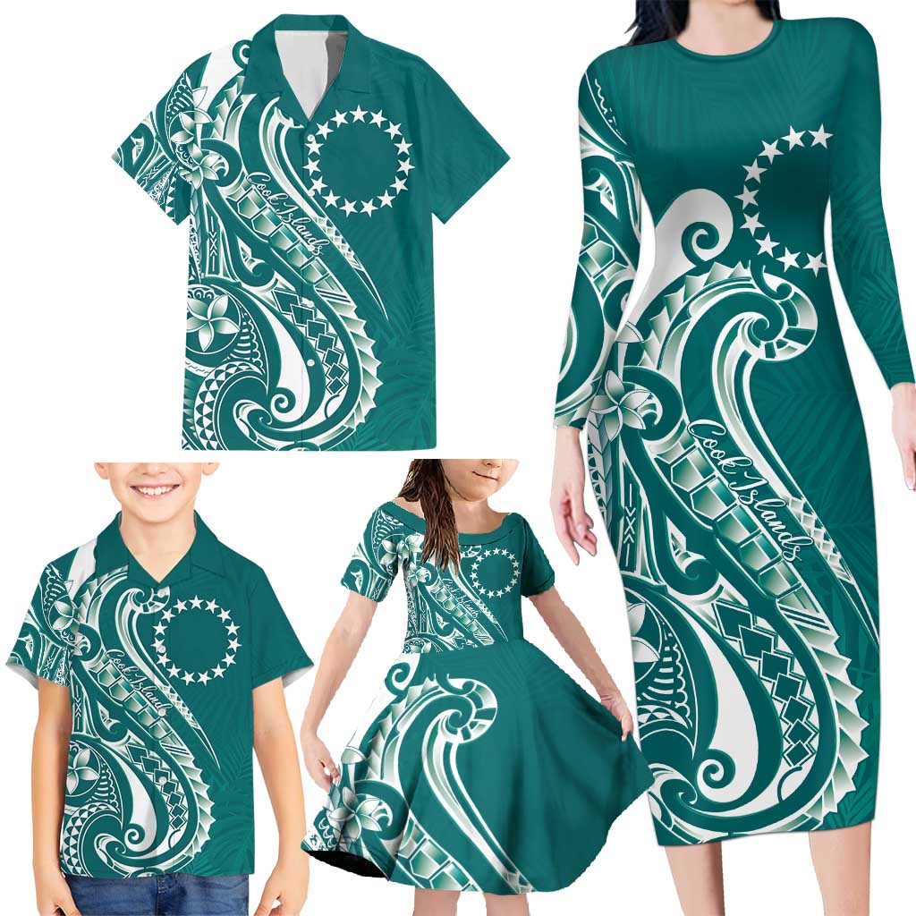 Kia Orana Cook Islands Family Matching Long Sleeve Bodycon Dress and Hawaiian Shirt Teal Plumeria Tropical Waves LT7 - Polynesian Pride