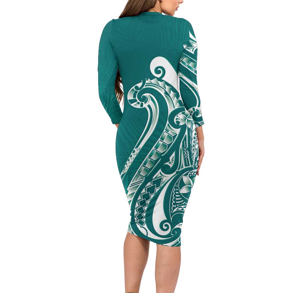 Kia Orana Cook Islands Family Matching Long Sleeve Bodycon Dress and Hawaiian Shirt Teal Plumeria Tropical Waves LT7 - Polynesian Pride