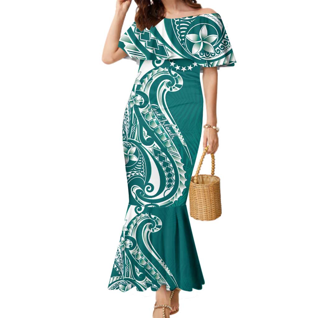 Kia Orana Cook Islands Family Matching Mermaid Dress and Hawaiian Shirt Teal Plumeria Tropical Waves LT7 Mom's Dress Teal - Polynesian Pride
