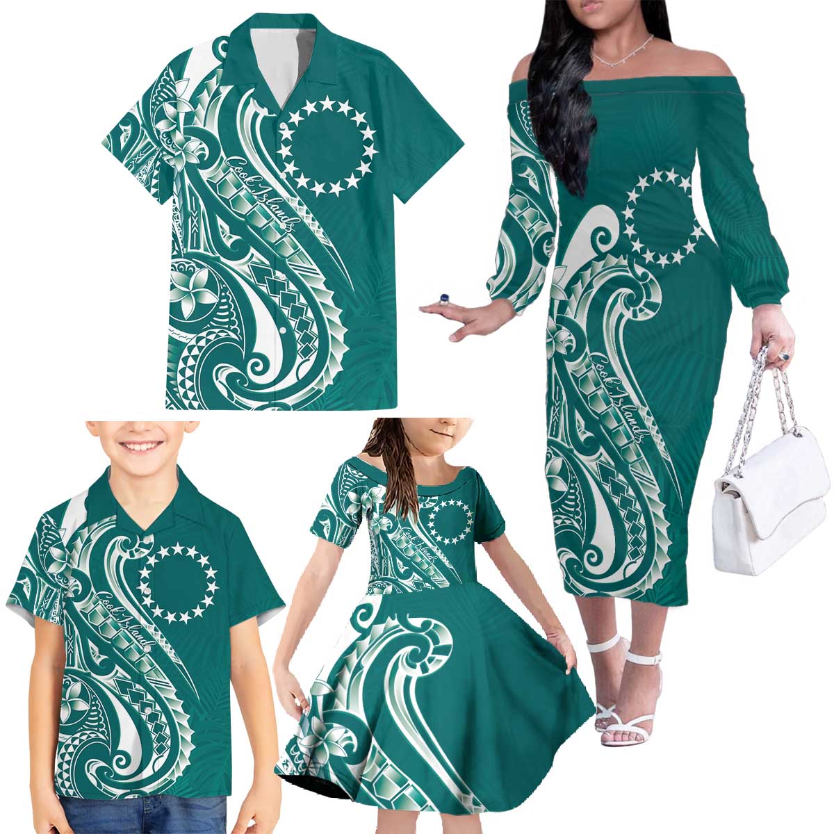 Kia Orana Cook Islands Family Matching Off The Shoulder Long Sleeve Dress and Hawaiian Shirt Teal Plumeria Tropical Waves LT7 - Polynesian Pride