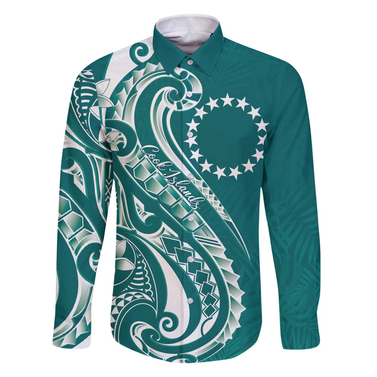 Kia Orana Cook Islands Family Matching Off The Shoulder Long Sleeve Dress and Hawaiian Shirt Teal Plumeria Tropical Waves LT7 Dad's Shirt - Long Sleeve Teal - Polynesian Pride