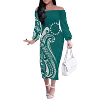 Kia Orana Cook Islands Family Matching Off The Shoulder Long Sleeve Dress and Hawaiian Shirt Teal Plumeria Tropical Waves LT7 Mom's Dress Teal - Polynesian Pride
