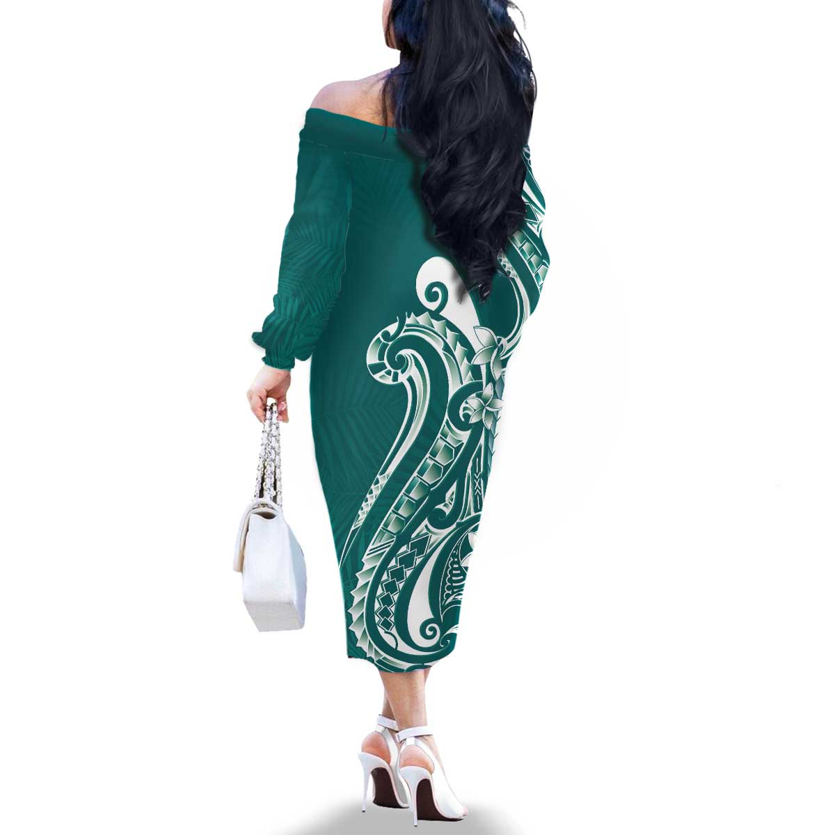 Kia Orana Cook Islands Family Matching Off The Shoulder Long Sleeve Dress and Hawaiian Shirt Teal Plumeria Tropical Waves LT7 - Polynesian Pride
