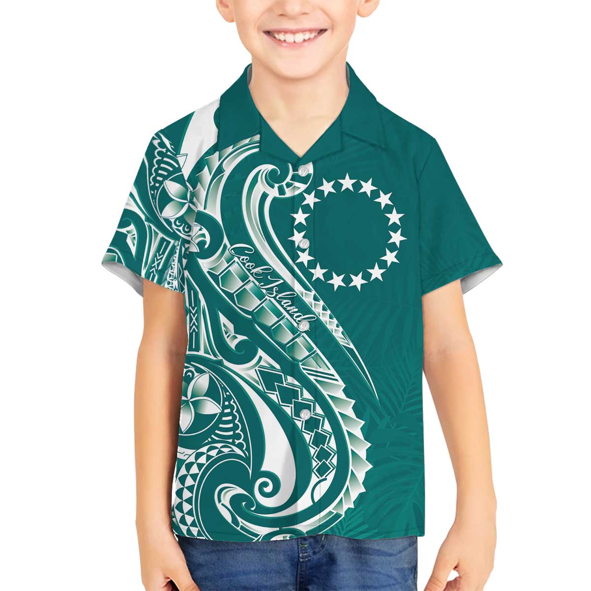 Kia Orana Cook Islands Family Matching Off The Shoulder Long Sleeve Dress and Hawaiian Shirt Teal Plumeria Tropical Waves LT7 Son's Shirt Teal - Polynesian Pride