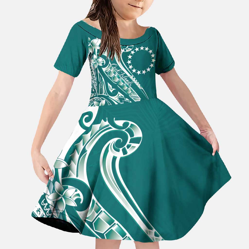 Kia Orana Cook Islands Family Matching Off Shoulder Maxi Dress and Hawaiian Shirt Teal Plumeria Tropical Waves LT7 Daughter's Dress Teal - Polynesian Pride