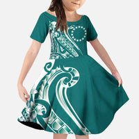 Kia Orana Cook Islands Family Matching Off Shoulder Maxi Dress and Hawaiian Shirt Teal Plumeria Tropical Waves LT7 Daughter's Dress Teal - Polynesian Pride