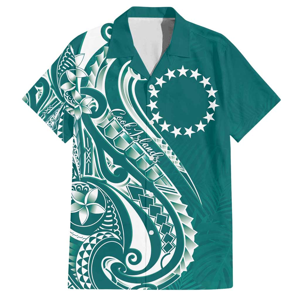 Kia Orana Cook Islands Family Matching Off Shoulder Maxi Dress and Hawaiian Shirt Teal Plumeria Tropical Waves LT7 Dad's Shirt - Short Sleeve Teal - Polynesian Pride