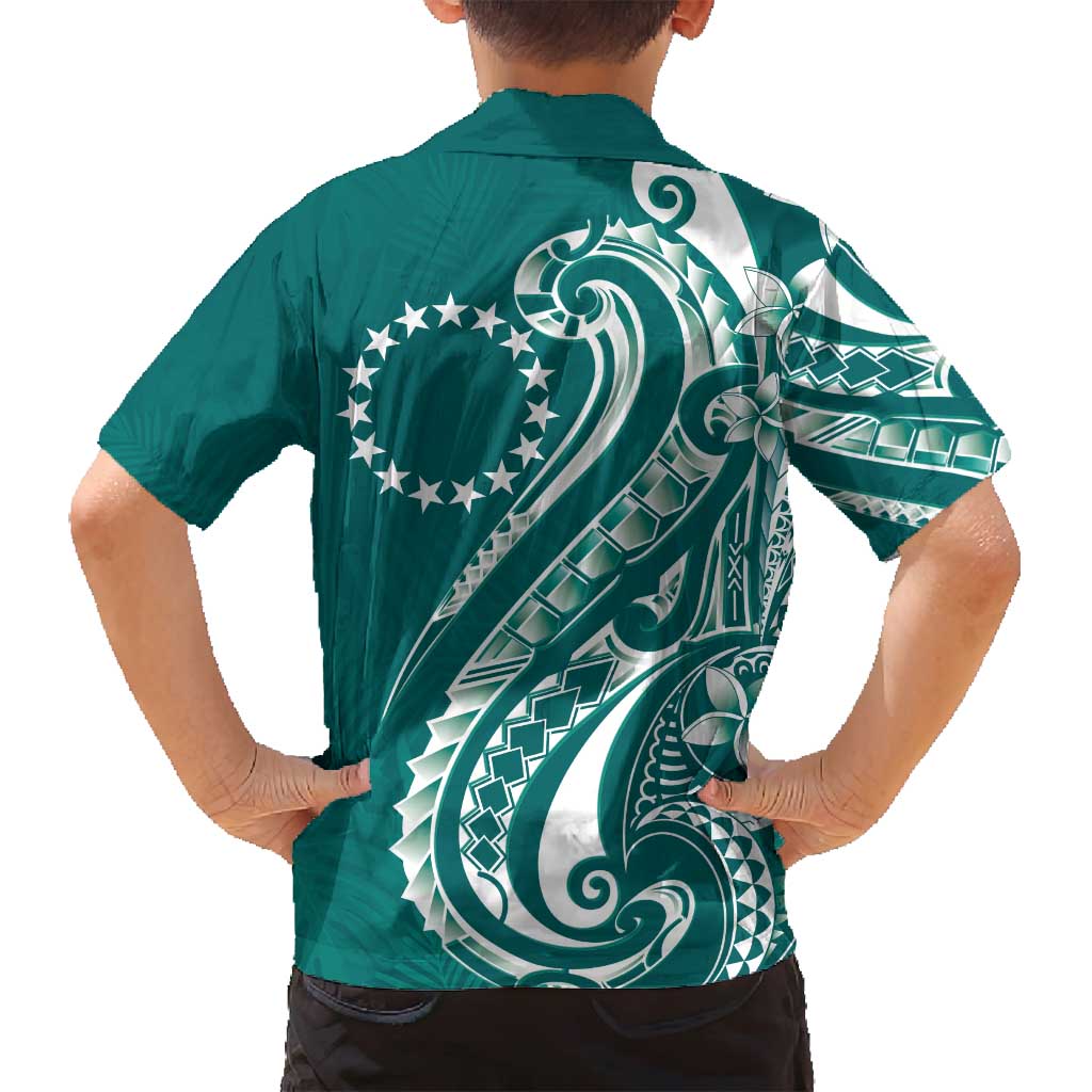 Kia Orana Cook Islands Family Matching Off Shoulder Short Dress and Hawaiian Shirt Teal Plumeria Tropical Waves LT7 - Polynesian Pride