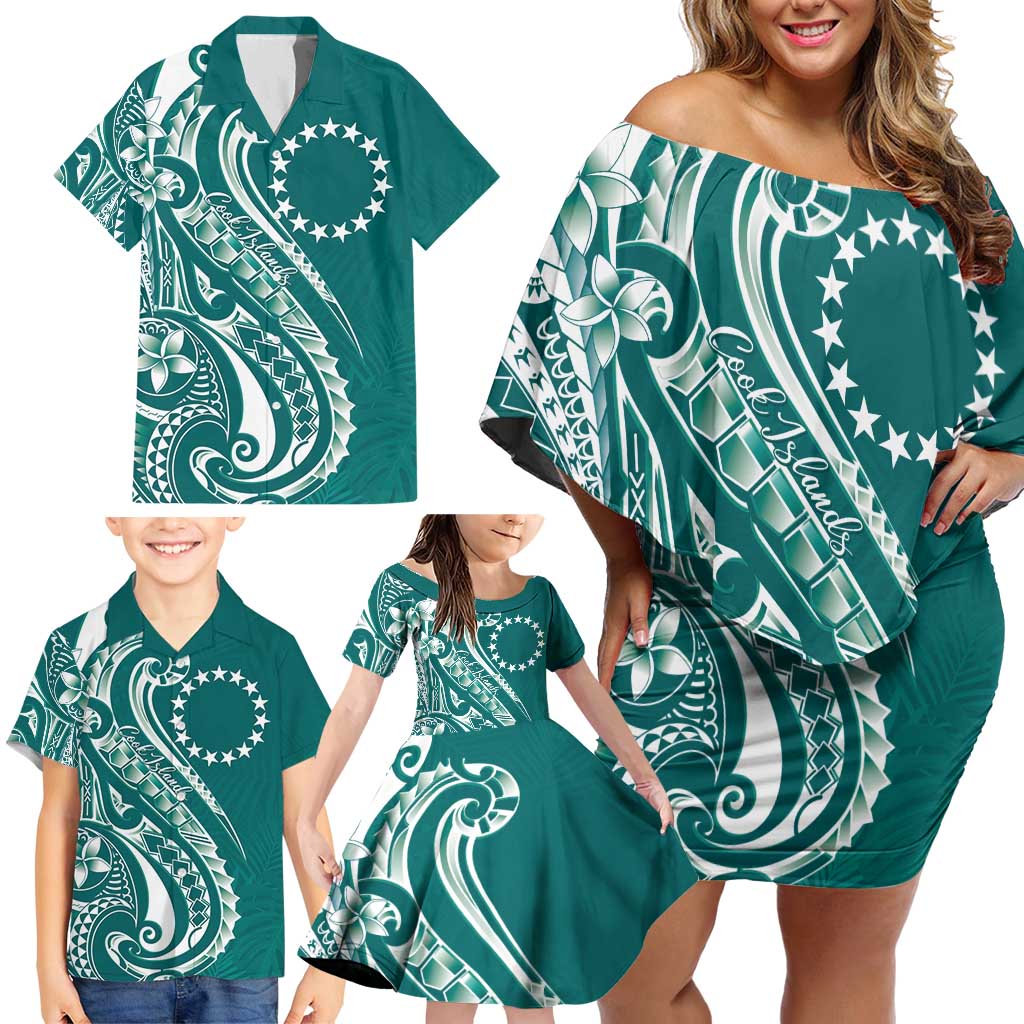 Kia Orana Cook Islands Family Matching Off Shoulder Short Dress and Hawaiian Shirt Teal Plumeria Tropical Waves LT7 - Polynesian Pride
