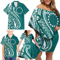 Kia Orana Cook Islands Family Matching Off Shoulder Short Dress and Hawaiian Shirt Teal Plumeria Tropical Waves LT7 - Polynesian Pride