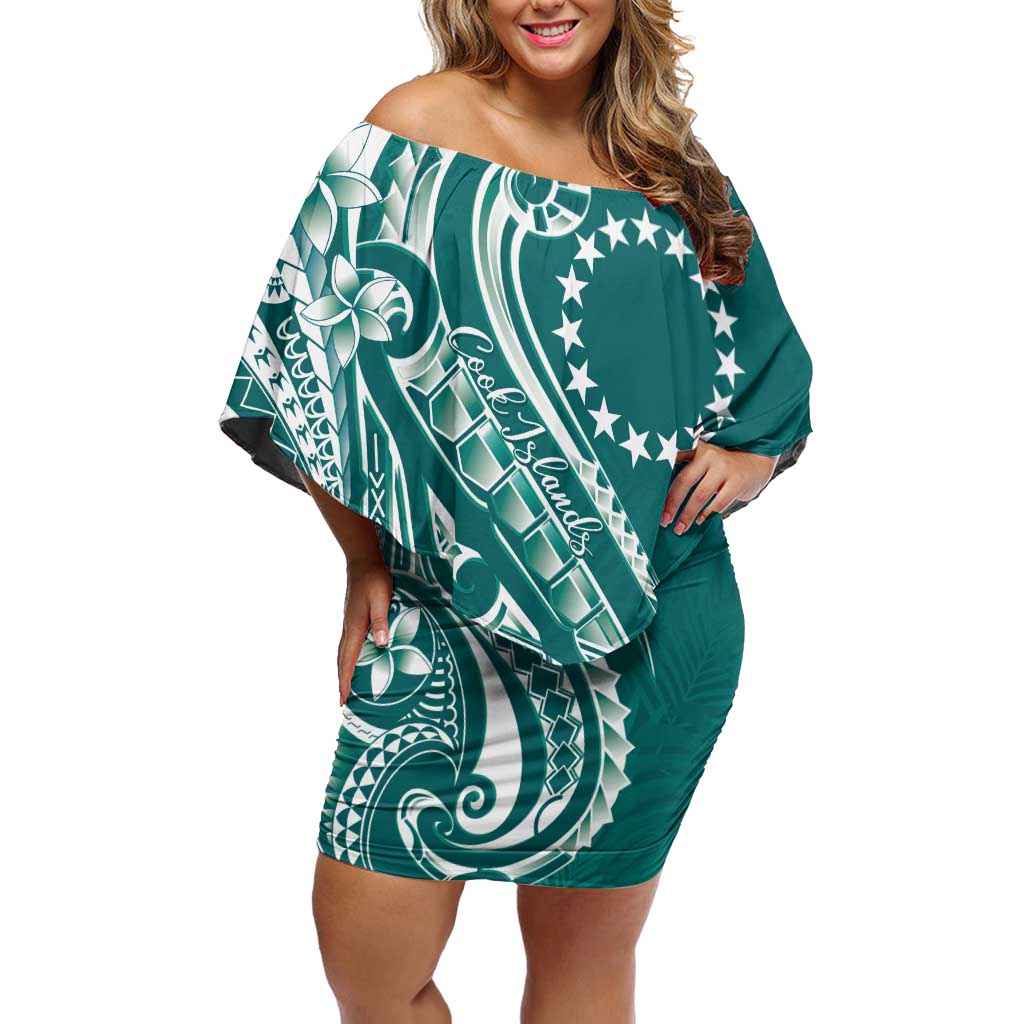 Kia Orana Cook Islands Family Matching Off Shoulder Short Dress and Hawaiian Shirt Teal Plumeria Tropical Waves LT7 Mom's Dress Teal - Polynesian Pride
