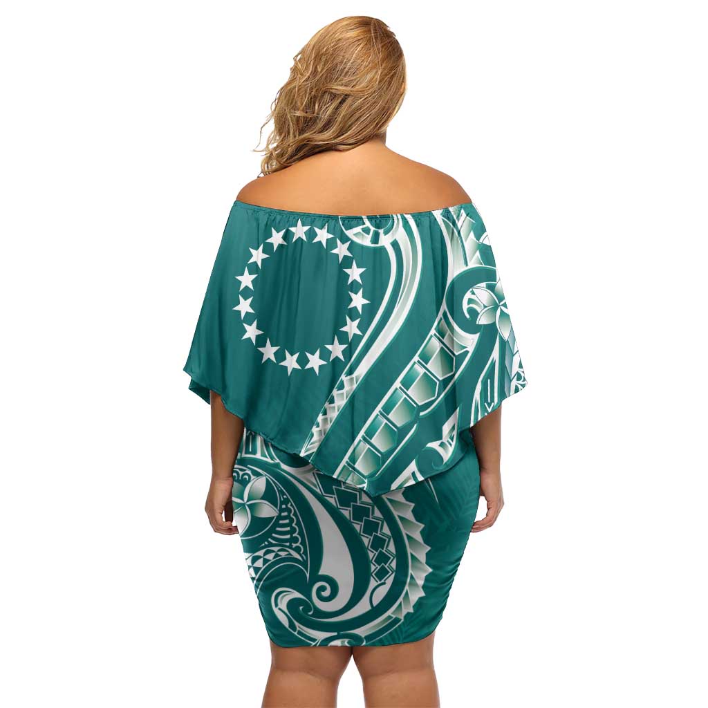 Kia Orana Cook Islands Family Matching Off Shoulder Short Dress and Hawaiian Shirt Teal Plumeria Tropical Waves LT7 - Polynesian Pride