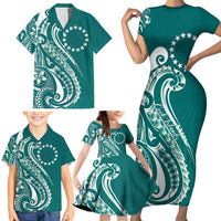 Kia Orana Cook Islands Family Matching Short Sleeve Bodycon Dress and Hawaiian Shirt Teal Plumeria Tropical Waves LT7 - Polynesian Pride