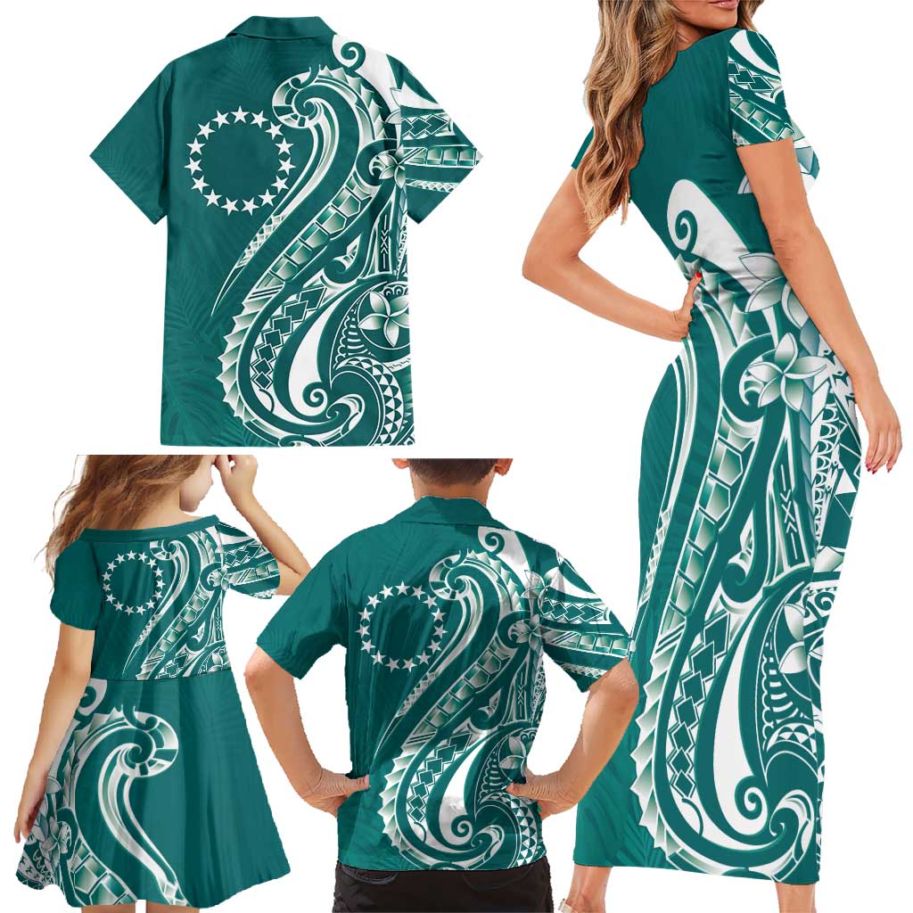 Kia Orana Cook Islands Family Matching Short Sleeve Bodycon Dress and Hawaiian Shirt Teal Plumeria Tropical Waves LT7 - Polynesian Pride