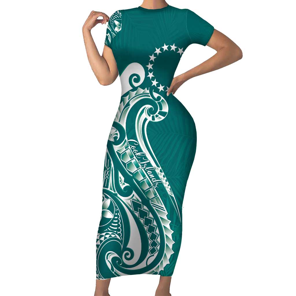 Kia Orana Cook Islands Family Matching Short Sleeve Bodycon Dress and Hawaiian Shirt Teal Plumeria Tropical Waves LT7 Mom's Dress Teal - Polynesian Pride