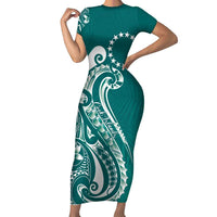Kia Orana Cook Islands Family Matching Short Sleeve Bodycon Dress and Hawaiian Shirt Teal Plumeria Tropical Waves LT7 Mom's Dress Teal - Polynesian Pride