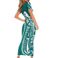 Kia Orana Cook Islands Family Matching Short Sleeve Bodycon Dress and Hawaiian Shirt Teal Plumeria Tropical Waves LT7 - Polynesian Pride