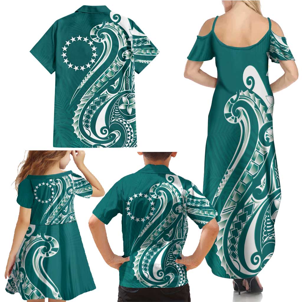 Kia Orana Cook Islands Family Matching Summer Maxi Dress and Hawaiian Shirt Teal Plumeria Tropical Waves LT7 - Polynesian Pride