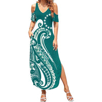 Kia Orana Cook Islands Family Matching Summer Maxi Dress and Hawaiian Shirt Teal Plumeria Tropical Waves LT7 Mom's Dress Teal - Polynesian Pride