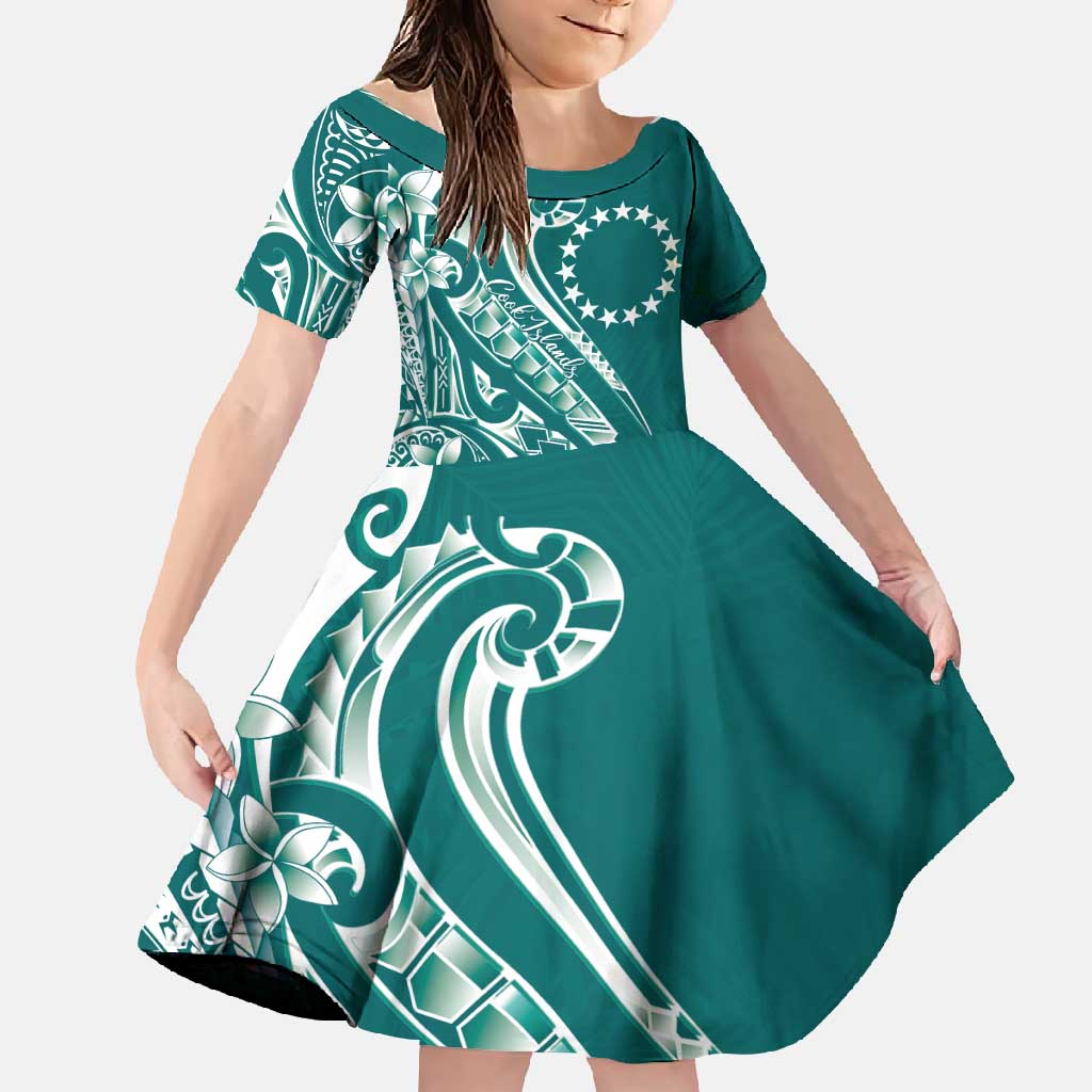 Kia Orana Cook Islands Family Matching Tank Maxi Dress and Hawaiian Shirt Teal Plumeria Tropical Waves LT7 Daughter's Dress Teal - Polynesian Pride
