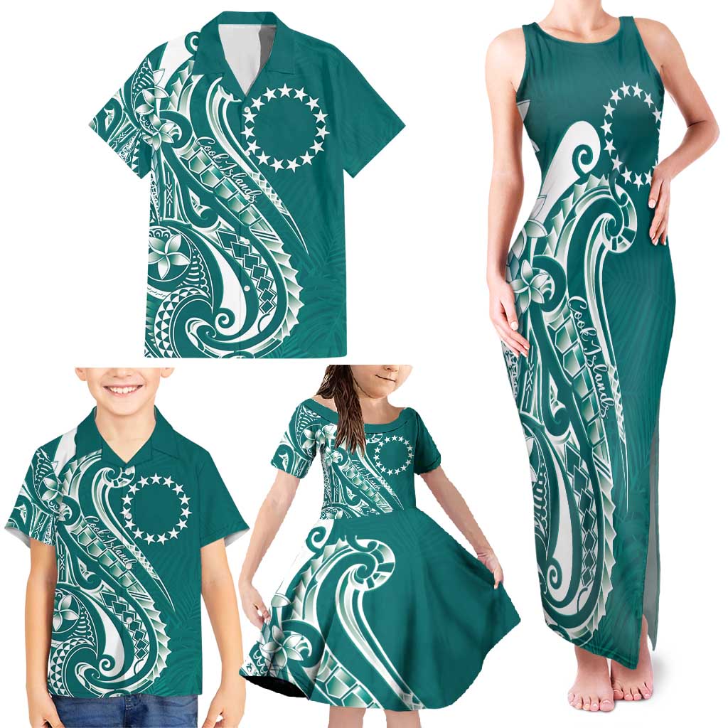Kia Orana Cook Islands Family Matching Tank Maxi Dress and Hawaiian Shirt Teal Plumeria Tropical Waves LT7 - Polynesian Pride