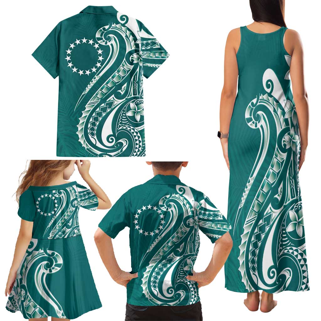 Kia Orana Cook Islands Family Matching Tank Maxi Dress and Hawaiian Shirt Teal Plumeria Tropical Waves LT7 - Polynesian Pride