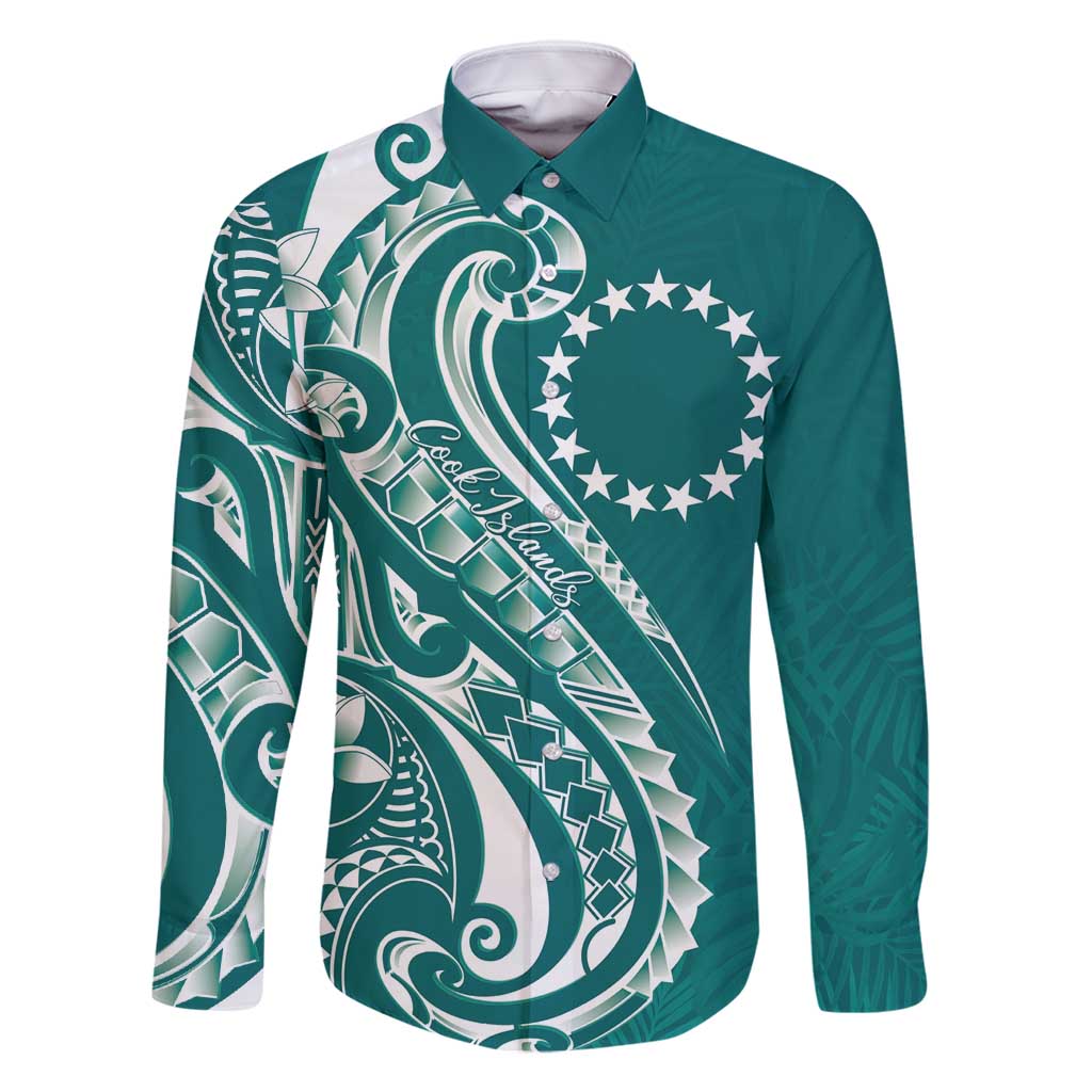 Kia Orana Cook Islands Family Matching Tank Maxi Dress and Hawaiian Shirt Teal Plumeria Tropical Waves LT7 Dad's Shirt - Long Sleeve Teal - Polynesian Pride
