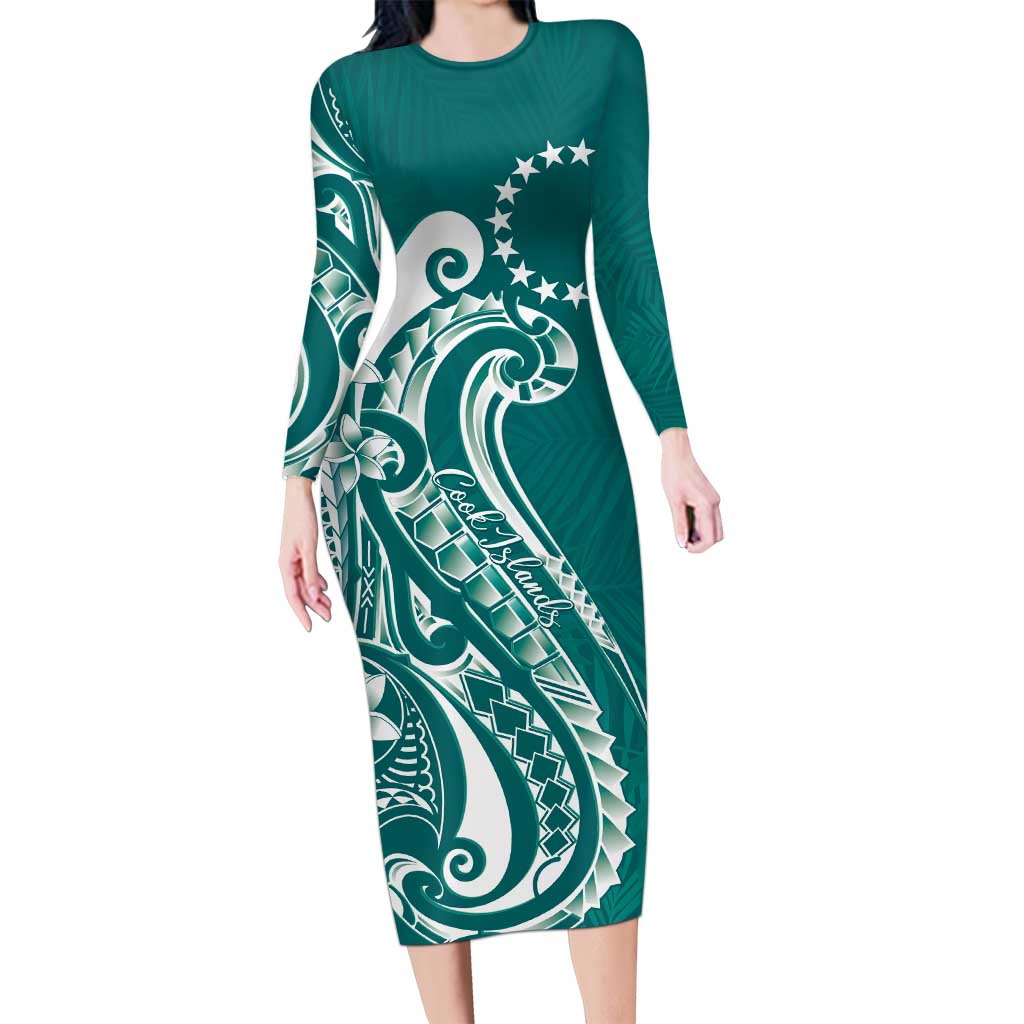 Kia Orana Cook Islands Long Sleeve Bodycon Dress Teal Plumeria Tropical Waves - Polynesian Pride