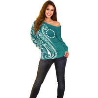 Kia Orana Cook Islands Off Shoulder Sweater Teal Plumeria Tropical Waves - Polynesian Pride