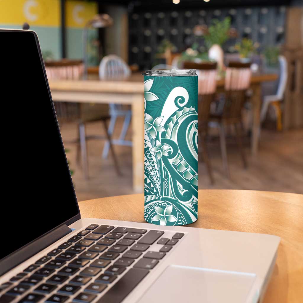 Kia Orana Cook Islands Skinny Tumbler Teal Plumeria Tropical Waves - Polynesian Pride