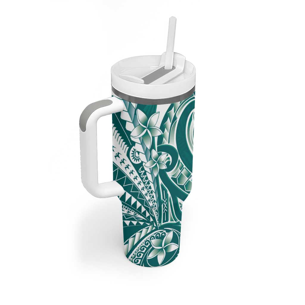 Kia Orana Cook Islands Tumbler With Handle Teal Plumeria Tropical Waves LT7 - Polynesian Pride