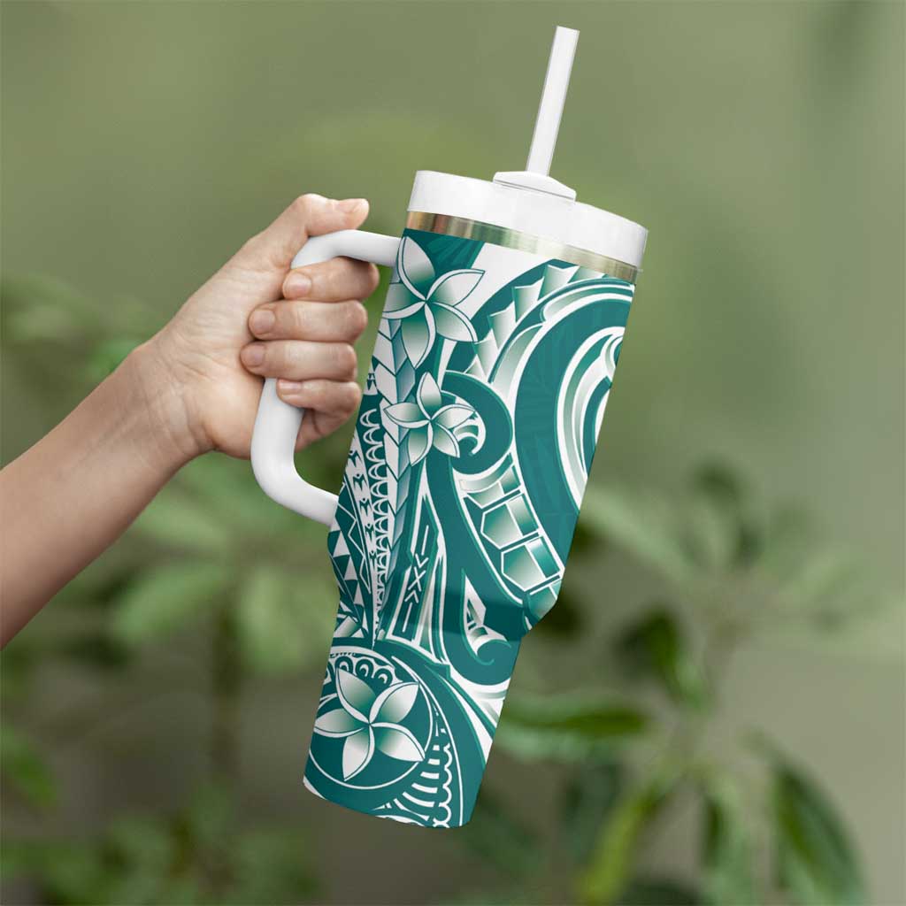 Kia Orana Cook Islands Tumbler With Handle Teal Plumeria Tropical Waves LT7 - Polynesian Pride
