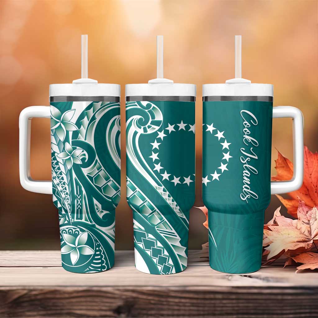 Kia Orana Cook Islands Tumbler With Handle Teal Plumeria Tropical Waves LT7 - Polynesian Pride