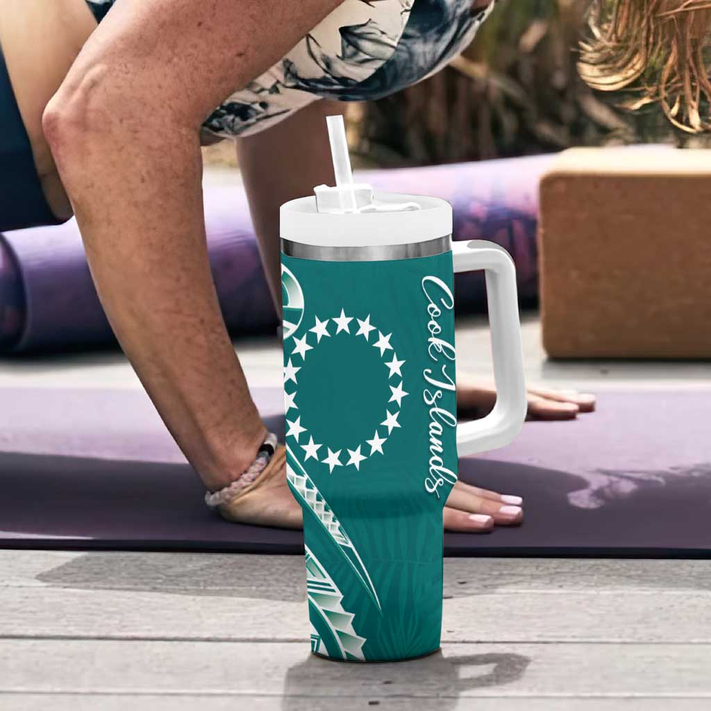 Kia Orana Cook Islands Tumbler With Handle Teal Plumeria Tropical Waves LT7 - Polynesian Pride