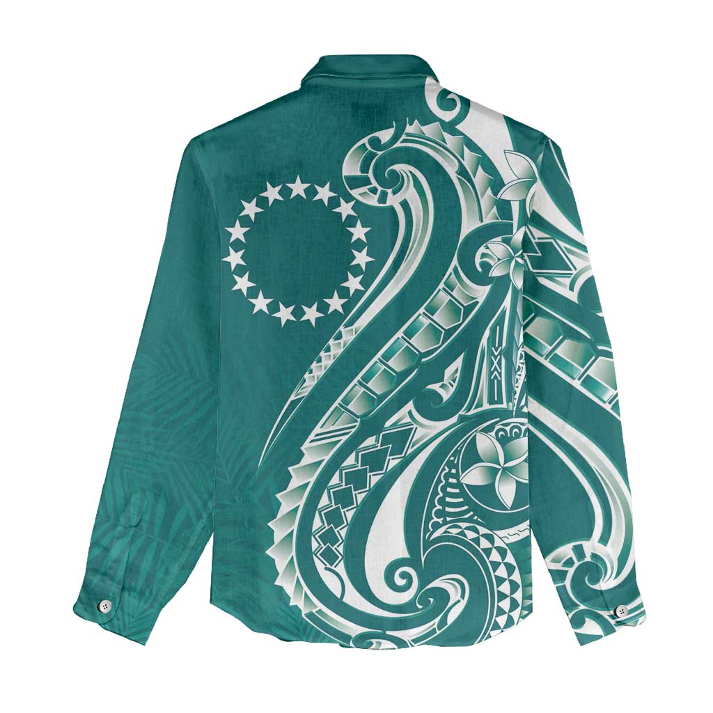 Kia Orana Cook Islands Women Casual Shirt Teal Plumeria Tropical Waves - Polynesian Pride