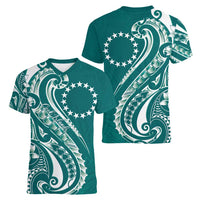 Kia Orana Cook Islands Women V-Neck T-Shirt Teal Plumeria Tropical Waves - Polynesian Pride