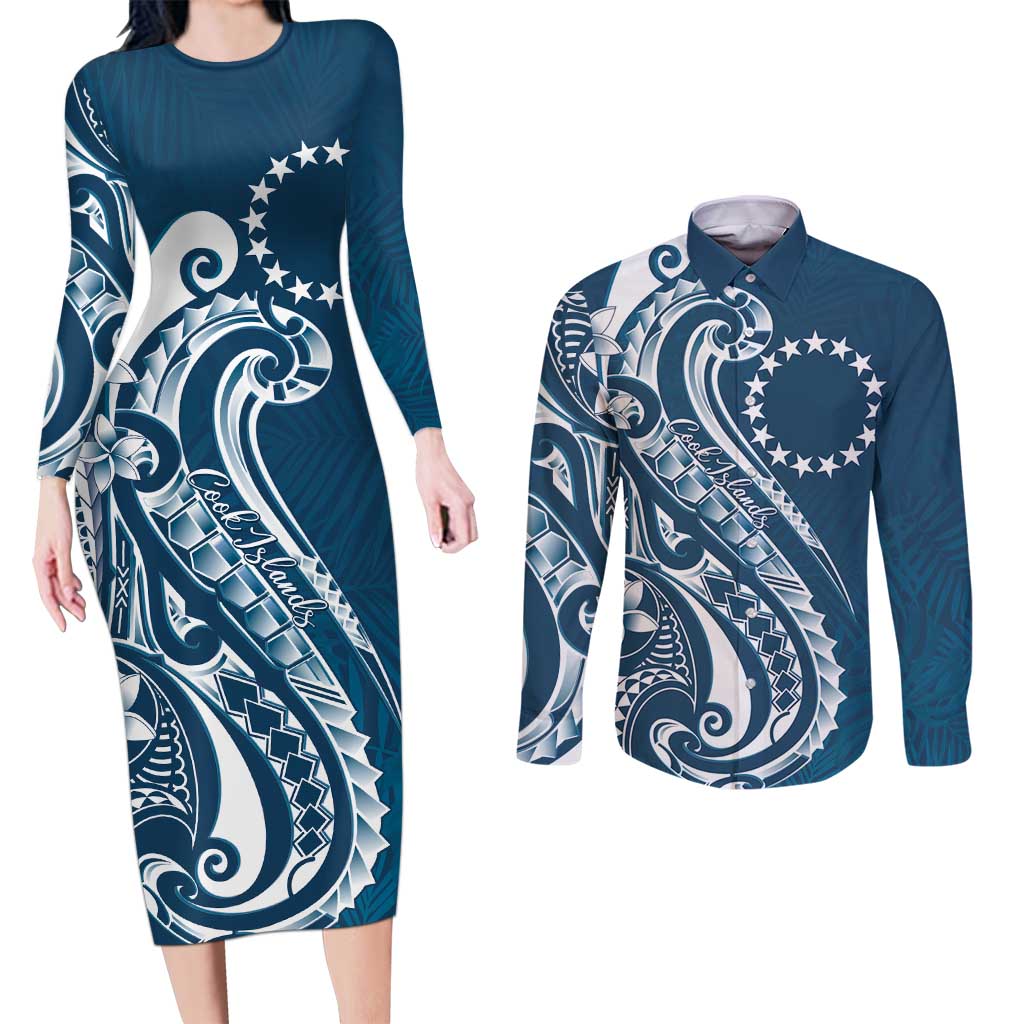 Kia Orana Cook Islands Couples Matching Long Sleeve Bodycon Dress and Long Sleeve Button Shirt Auika Plumeria Tropical Waves LT7 Navy Blue - Polynesian Pride