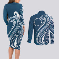 Kia Orana Cook Islands Couples Matching Long Sleeve Bodycon Dress and Long Sleeve Button Shirt Auika Plumeria Tropical Waves LT7 - Polynesian Pride