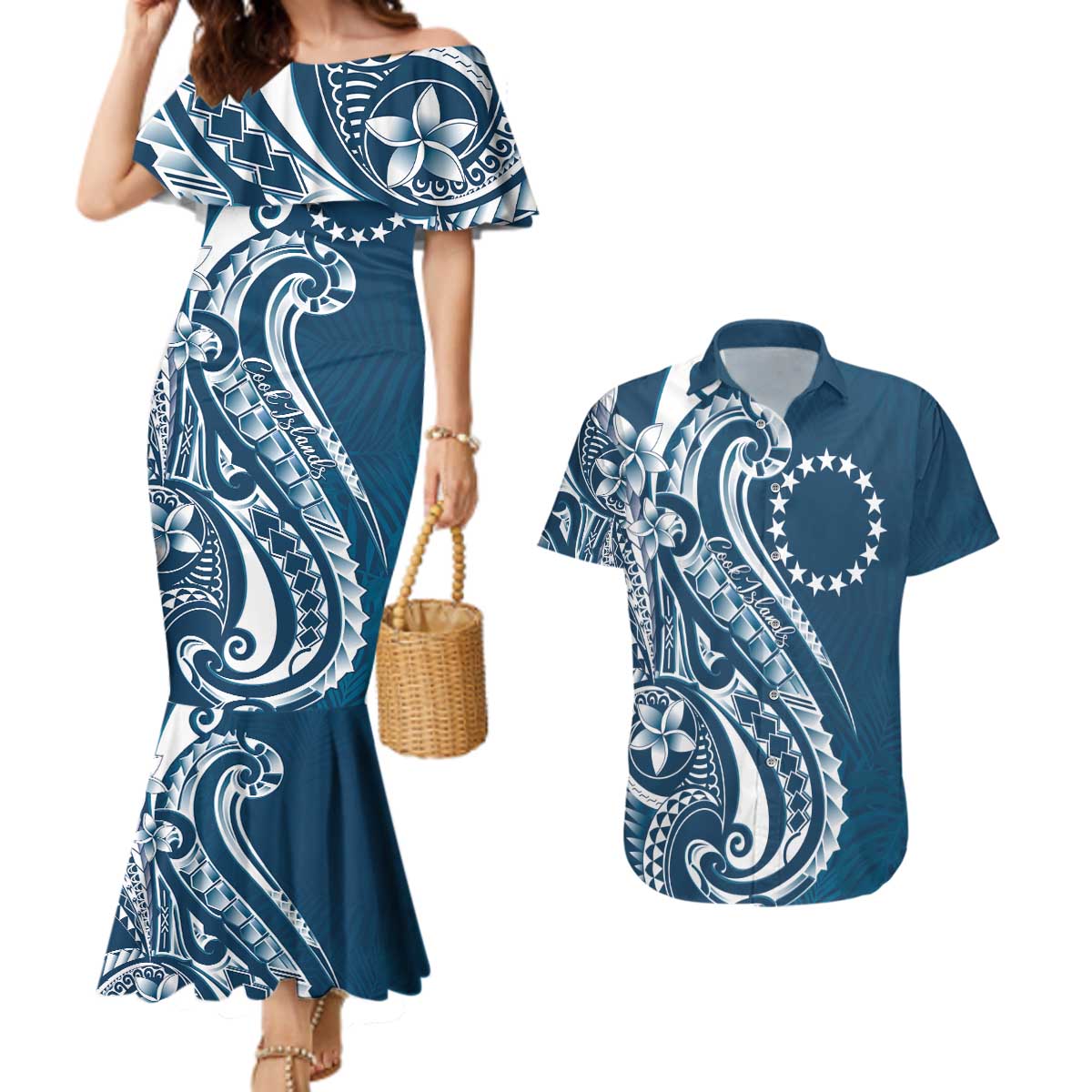 Kia Orana Cook Islands Couples Matching Mermaid Dress and Hawaiian Shirt Auika Plumeria Tropical Waves LT7 Navy Blue - Polynesian Pride