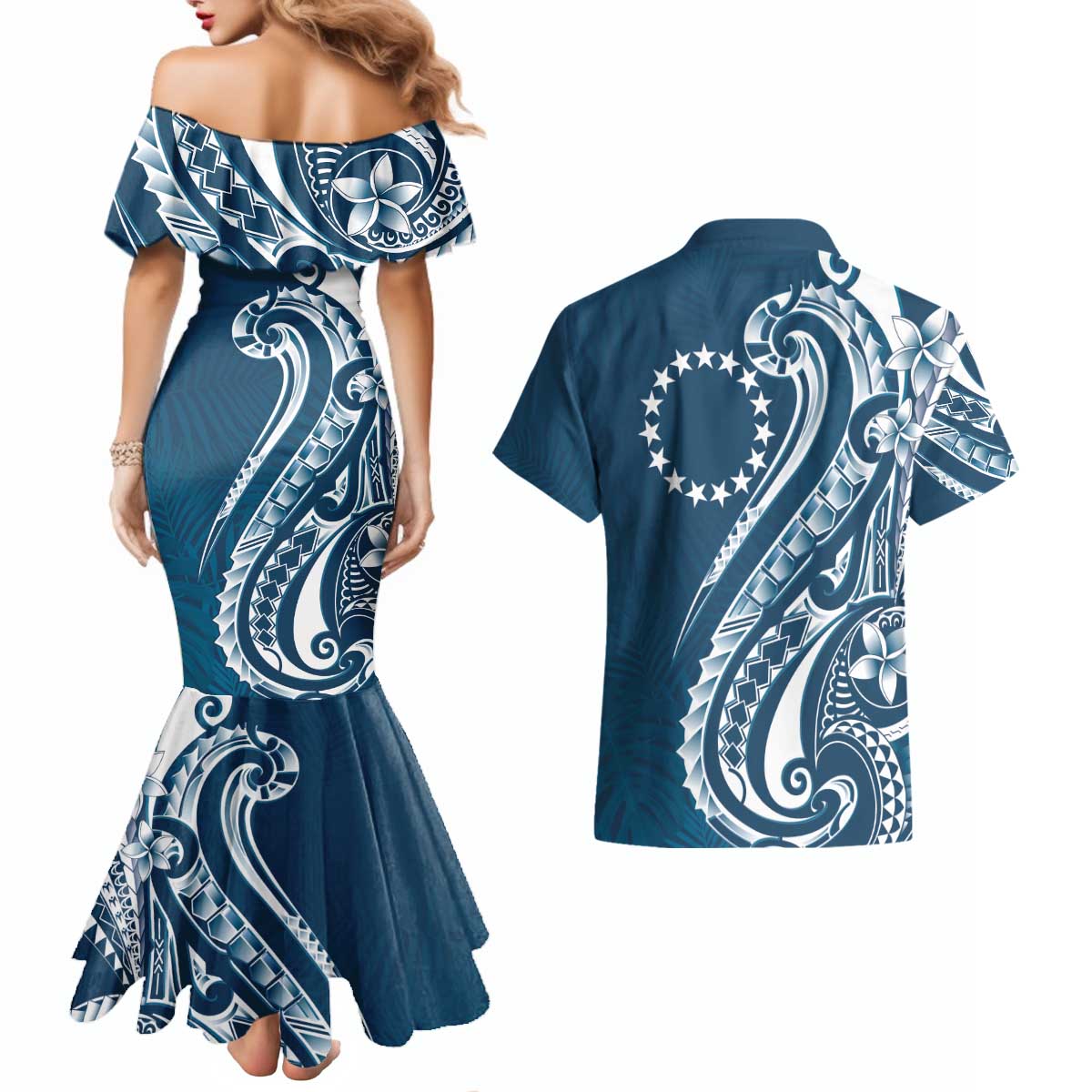 Kia Orana Cook Islands Couples Matching Mermaid Dress and Hawaiian Shirt Auika Plumeria Tropical Waves LT7 - Polynesian Pride